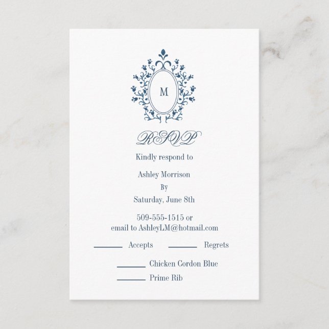 teal RSVP card Monogram With 2 Entree Choice Begleitkarte (Vorderseite)