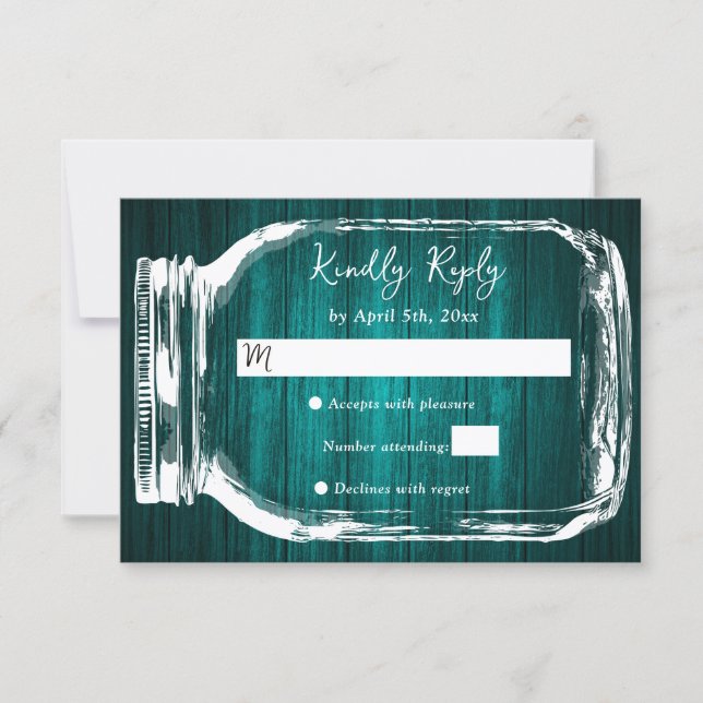 Teal Rustic Wood Mason Jar Rustic Fall Wedding RSVP Karte (Vorderseite)