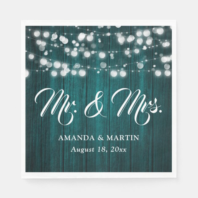 Teal Rustic Wood String Lights Mr and Mrs Wedding Serviette (Vorderseite)