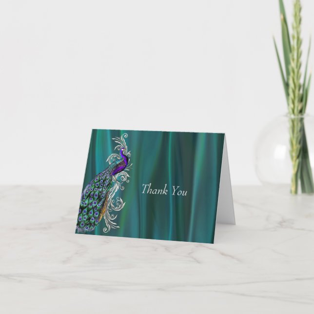 Teal Satin Look with Peacock Wedding Thank You Dankeskarte (Vorderseite)