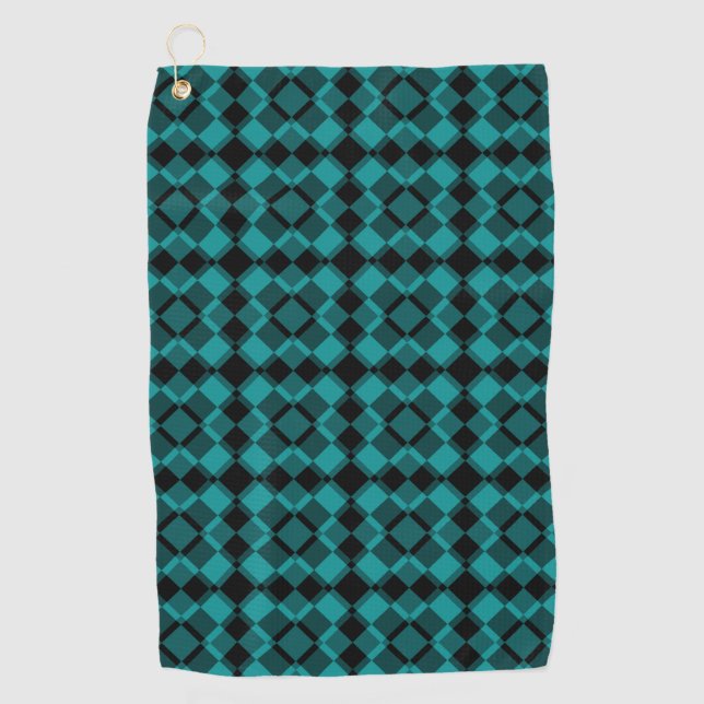 Teal Schwarz Karo Argyle-Muster Golfhandtuch (Vorderseite)