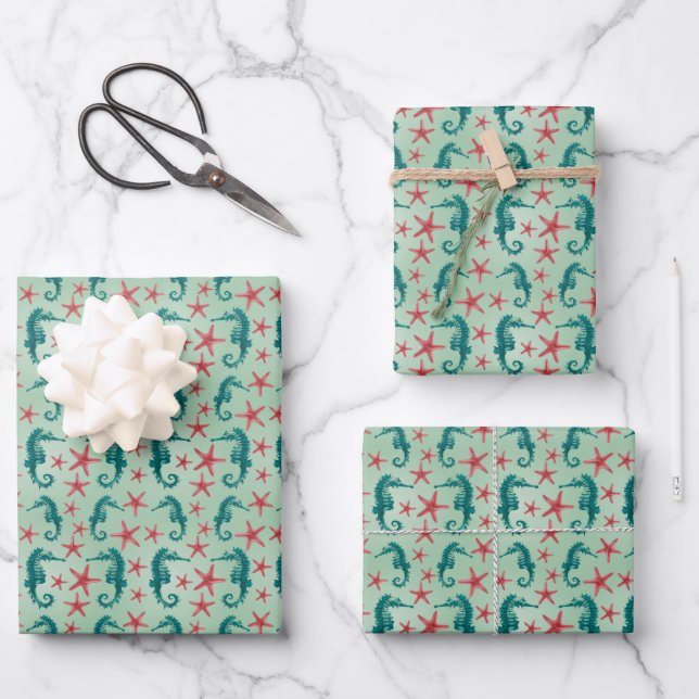 Teal Seahorse Pattern Geschenkpapier Set (Vorderseite)