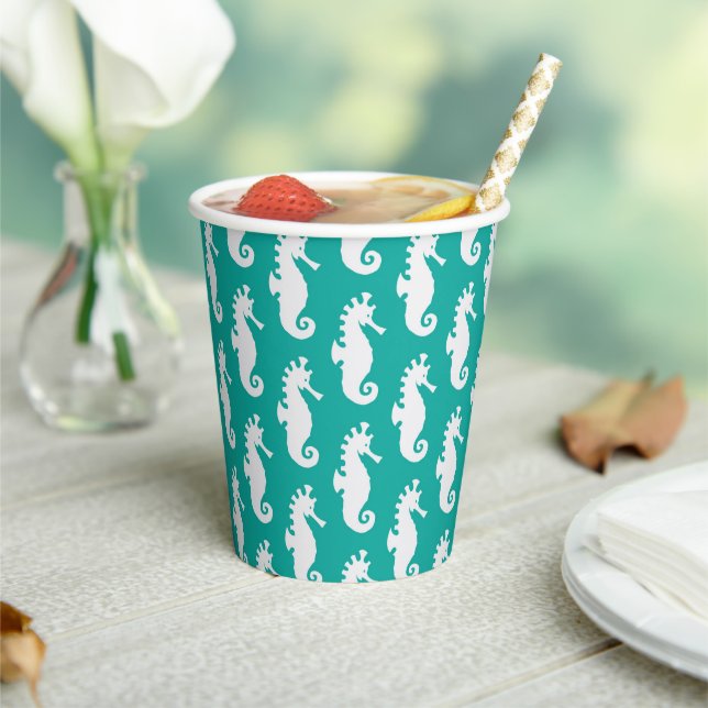 Teal Seahorse Pattern Pappbecher (In Situ)