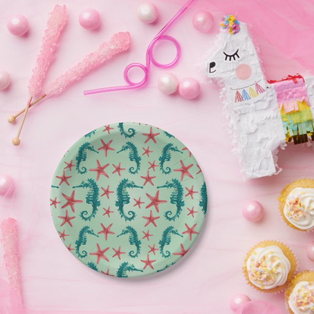 Teal Seahorse Pattern Pappteller (Party)