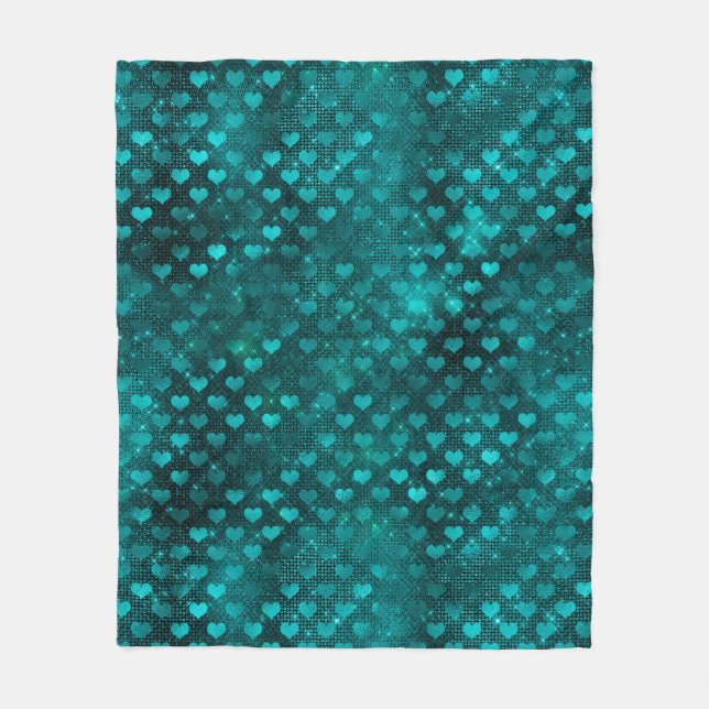 Teal Shadow Glam Glitter Hearts Pattern Fleecedecke (Vorderseite)