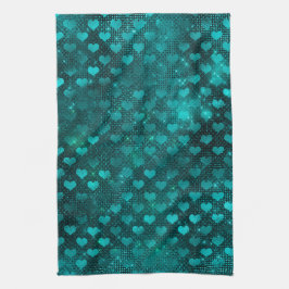 Teal Shadow Glam Glitter Hearts Pattern Geschirrtuch