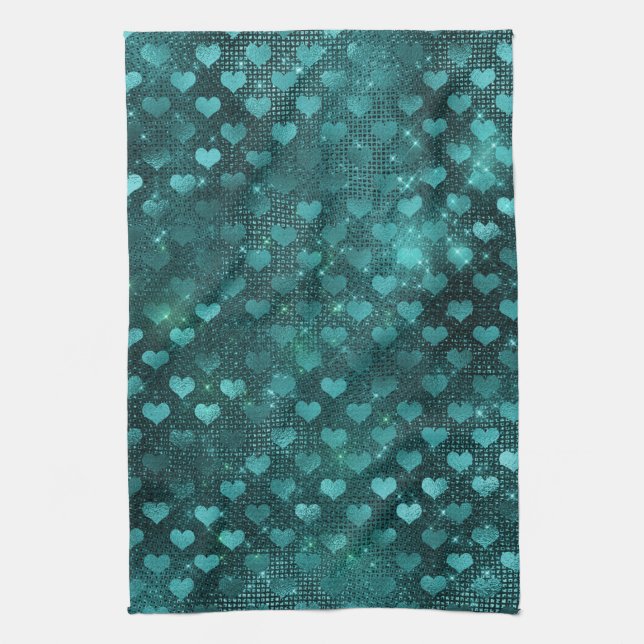 Teal Shadow Glam Glitter Hearts Pattern Geschirrtuch (Vertikal)