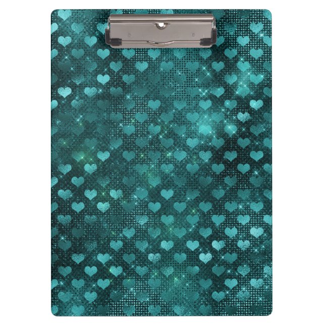 Teal Shadow Glam Glitter Hearts Pattern Klemmbrett (Vorderseite)