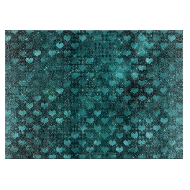 Teal Shadow Glam Glitter Hearts Pattern Schneidebrett (Vorderseite)