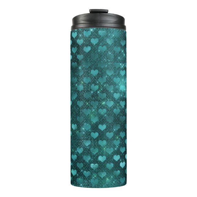 Teal Shadow Glam Glitter Hearts Pattern Thermosbecher (Vorderseite)