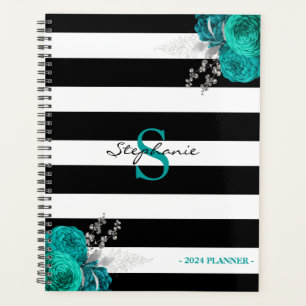Teal Silber Blumenmonogramm Schwarze Streifen 2024 Planer