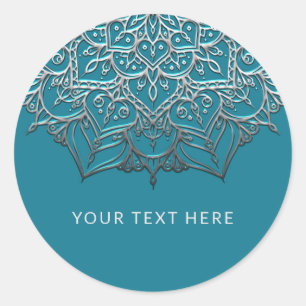 Teal & Silber Mandala Elegante Minimal Hochzeit Runder Aufkleber