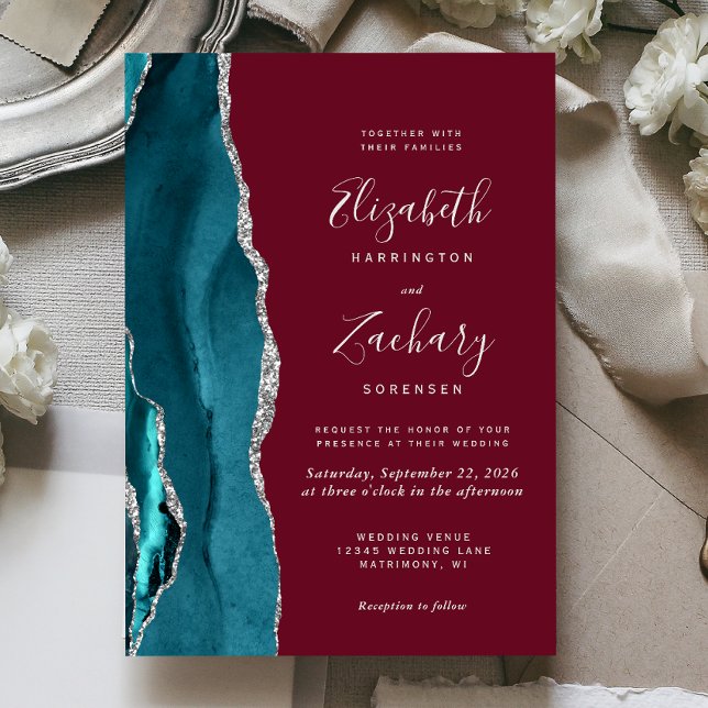 Teal Silver Agate Burgundy Wedding Invitation (Créateur téléchargé)