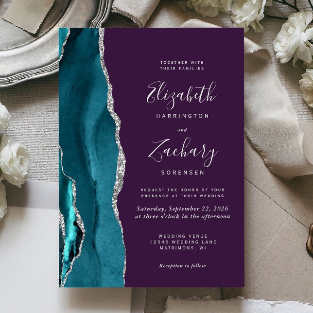 Teal Silver Agate Purple Wedding Invitation Einladung (Von Creator hochgeladen)