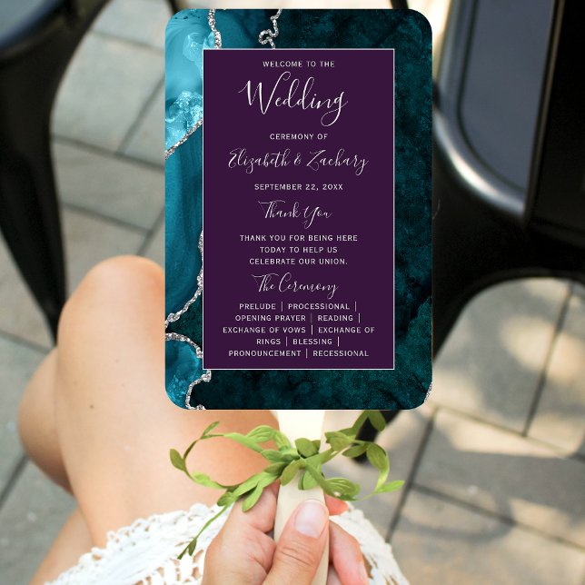 Teal Silver Agate Purple Wedding Program Fächer (Von Creator hochgeladen)