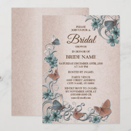 Teal Silver Floral Butterfly Tan Bridal Shower Einladung