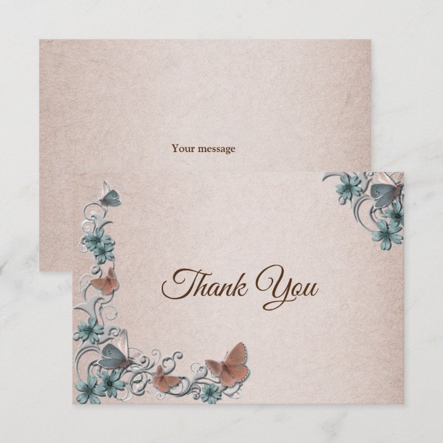 Teal Silver Floral Copper Butterfly Tan Wedding Dankeskarte (Vorne/Hinten)