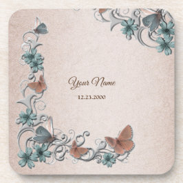 Teal Silver Floral Copper Butterfly Tan Wedding Getränkeuntersetzer