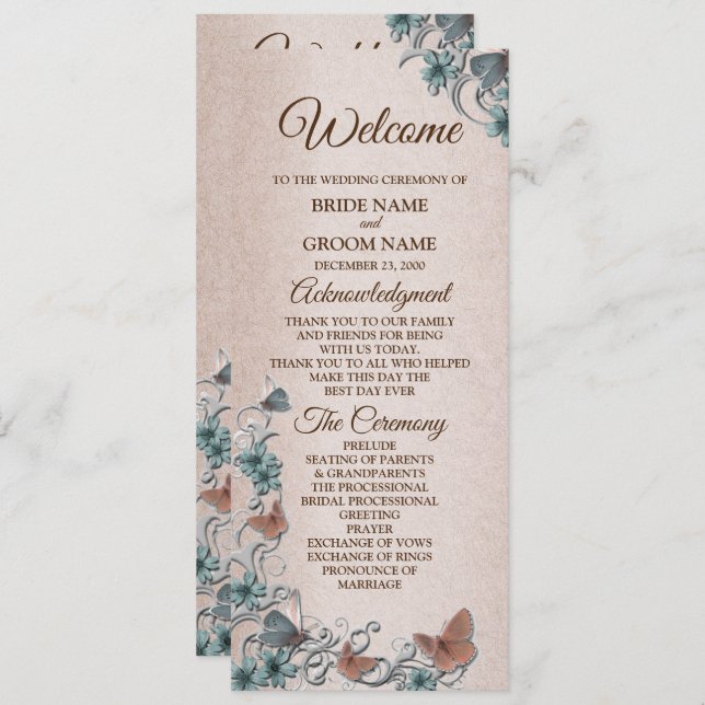 Teal Silver Floral Copper Butterfly Tan Wedding Programm (Vorne/Hinten)