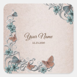 Teal Silver Floral Copper Butterfly Tan Wedding Quadratischer Aufkleber