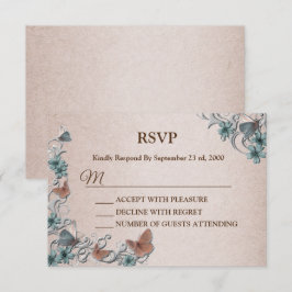 Teal Silver Floral Copper Butterfly Tan Wedding RSVP Karte