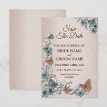 Teal Silver Floral Copper Butterfly Tan Wedding
