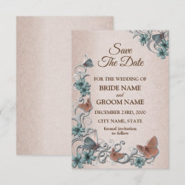 Teal Silver Floral Copper Butterfly Tan Wedding Save The Date