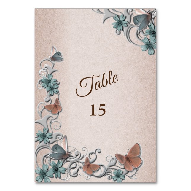 Teal Silver Floral Copper Butterfly Tan Wedding Tischnummer (Vorderseite)