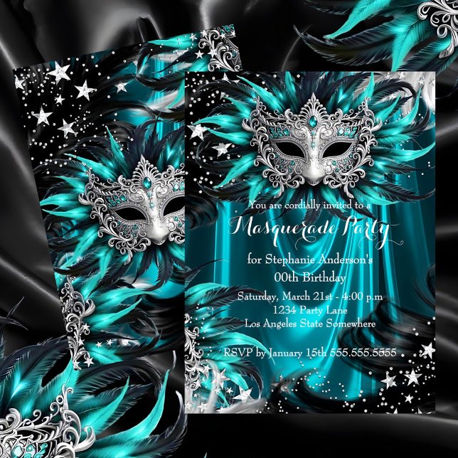 Teal Silver Sparkle Magical Night Masquerade Party Einladung (Von Creator hochgeladen)