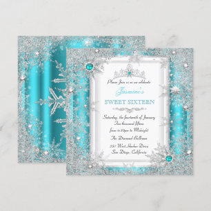 Teal Silver Winter Wonderland Sweet 16 Snowflake Einladung