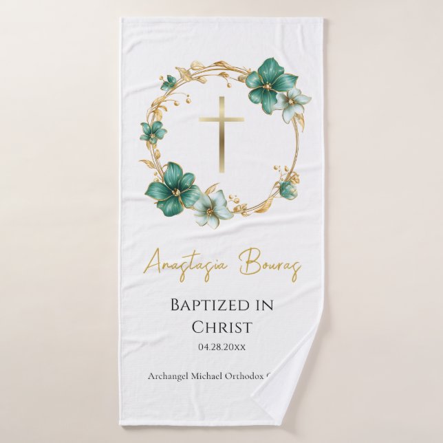 Teal & Sky Blue Flowers Orthodox Baptism Gift     Badehandtuch (Badehandtuch)