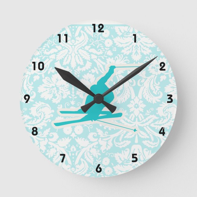 Teal Snow Skiing Runde Wanduhr (Vorderseite)