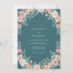 Teal Soft Floral Romance Hochzeit Einladung