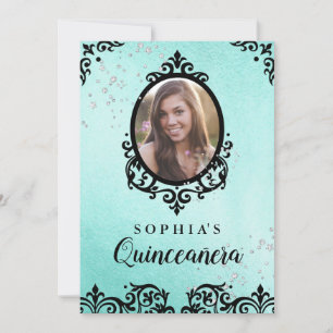 Teal Sparkle Damask Foto Quinceanera Einladung