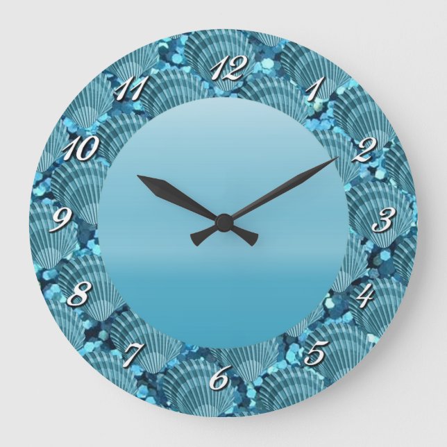 Teal Sparkle Seashell Round Wall Clock Große Wanduhr (Vorderseite)