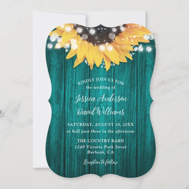 Teal Sunflower String Lights Wood Wedding Einladung (Vorderseite)