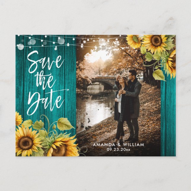 Teal Sunflower Wedding Photo Save The Date Ankündigungspostkarte (Vorderseite)