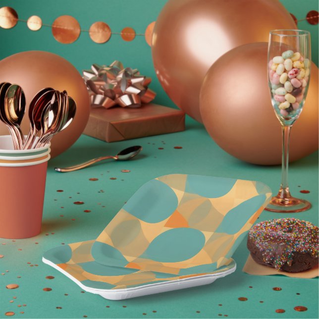 Teal, Tan, and Orange in Retro Look Pattern Pappteller (Multi)