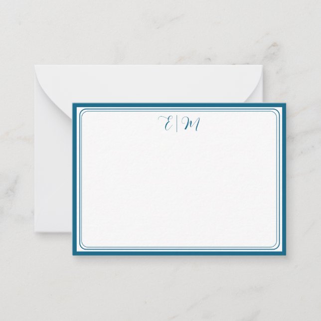 Teal three Border Monogram Note Card Mitteilungskarte (Vorderseite)