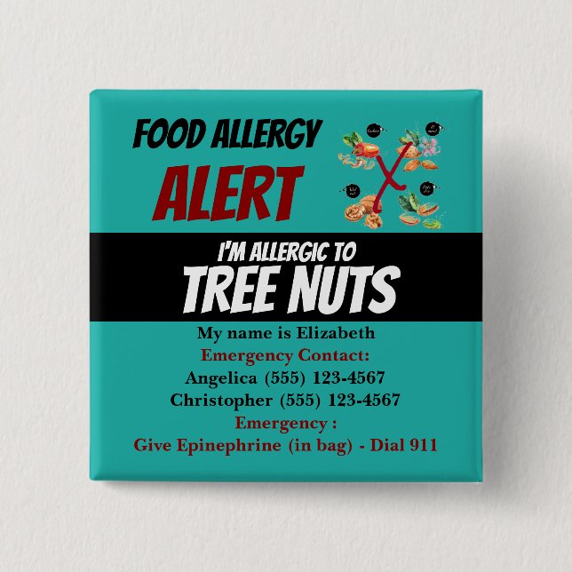 Teal Tree Nuss Lebensmittelallergie-Warnung Button (Vorderseite)