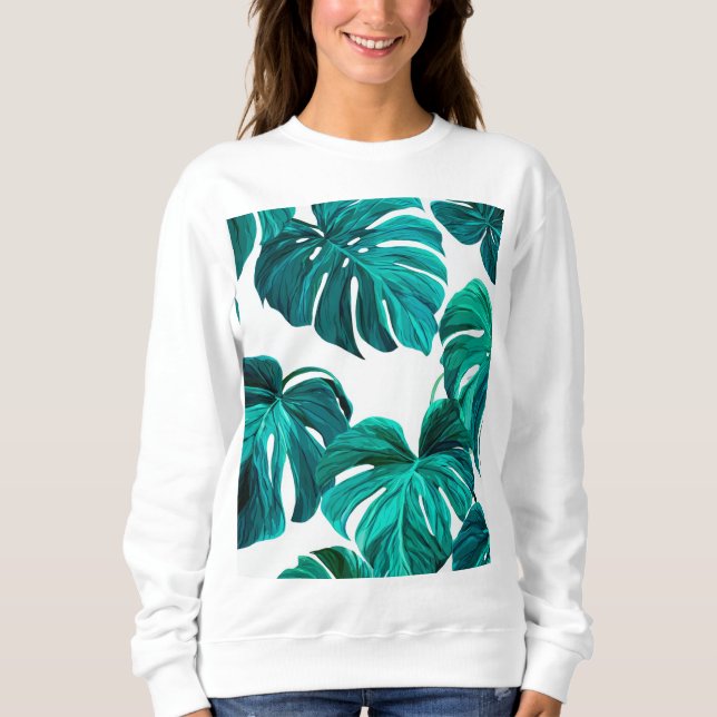 Teal Tropical Monstera Leaf Seamless Pattern Art Sweatshirt (Vorderseite)