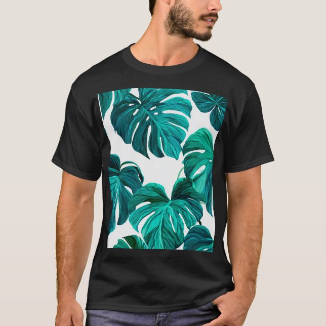 Teal Tropical Monstera Leaf Seamless Pattern Art T-Shirt (Vorderseite)