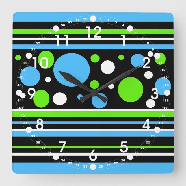 Teal Turquoise Blue Lime Green Stripes Polka Dots Quadratische Wanduhr (Vorderseite)