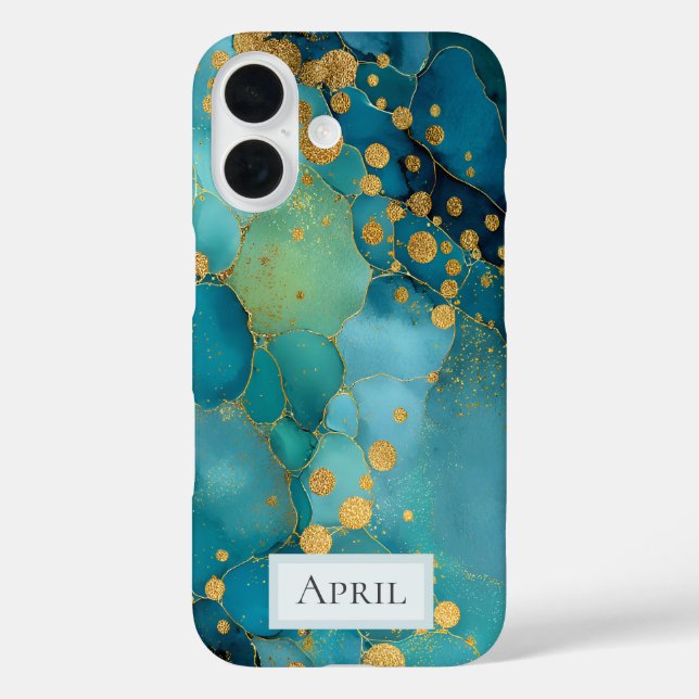 Teal, Turquoise & Gold Marble  iPhone 16 Hülle (Rückseite)