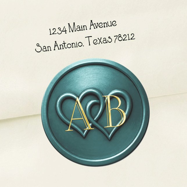Teal Two Hearts Intertwined Monogram Wedding Runder Aufkleber (Von Creator hochgeladen)