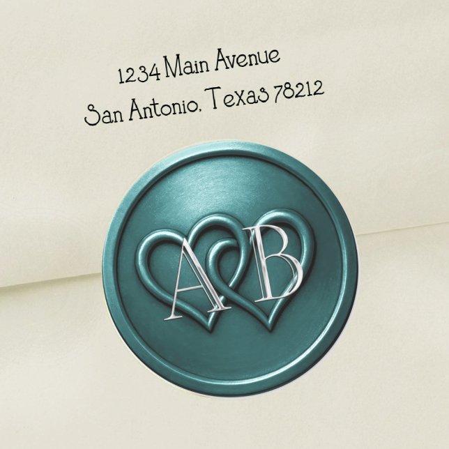 Teal Two Hearts Silver Monogram Wedding Runder Aufkleber (Von Creator hochgeladen)