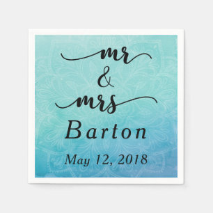 Teal- und Blaue Mandala-Hochzeit "Herr und Frau"-T Serviette