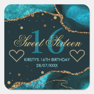 Teal- und Faux-Gold-Glitter-Achat-Sweet 16 Quadratischer Aufkleber