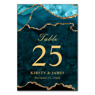 Teal und Gold Faux Glitter Achat Hochzeit Tischnummer