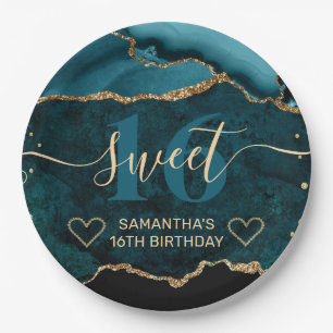 Teal- und Gold-Glitter-Achat-Marmor Sweet 16 Pappteller